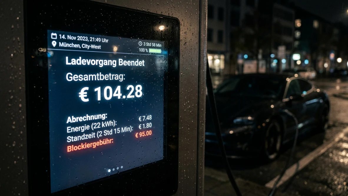 Display einer Ladesäule im Regen mit rotem Warnhinweis zur teuren Blockiergebühr