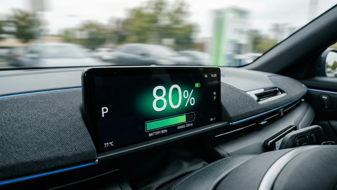 Minimalistisches digitales Dashboard eines Elektroautos mit 80 Prozent Ladestand