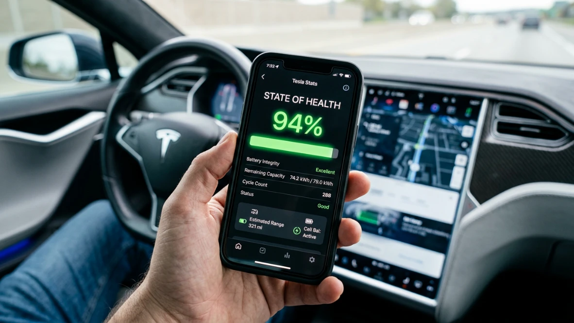 Smartphone zeigt 94 Prozent State of Health bei einem Batterie-Check im E-Auto