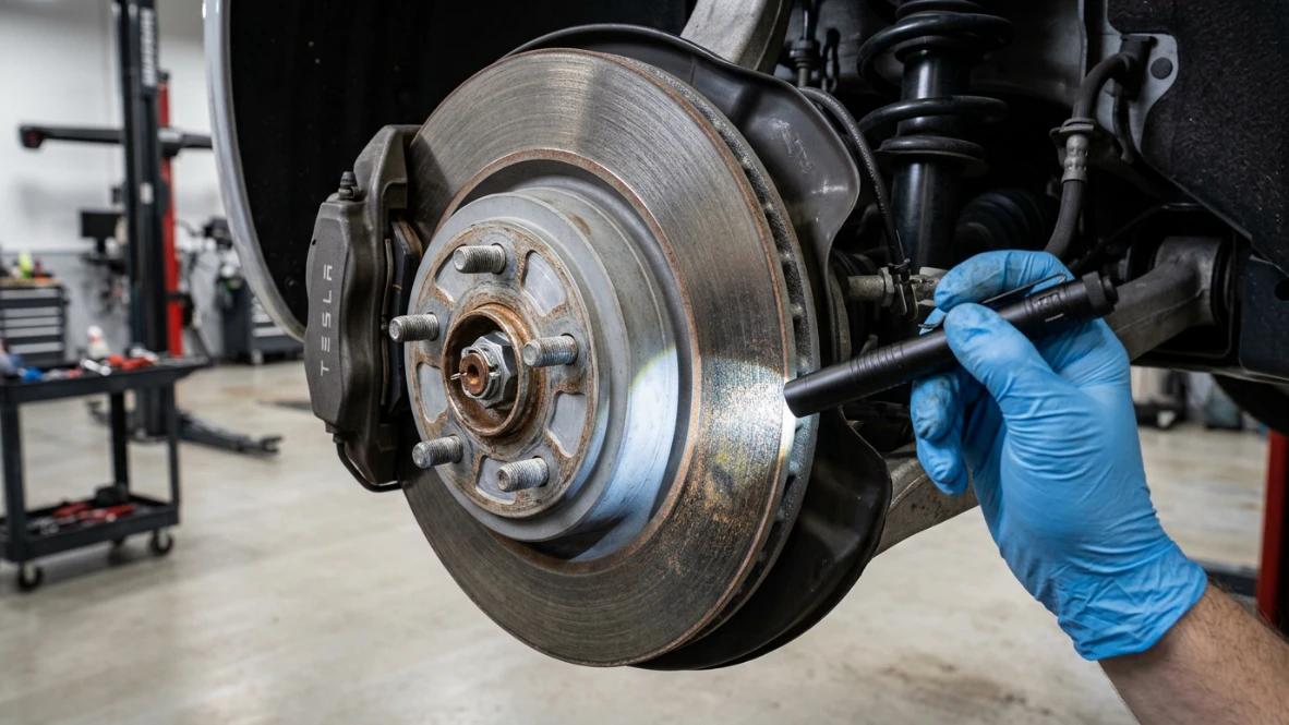 Mechaniker prüft die Bremsscheibe eines Elektroautos auf Rost