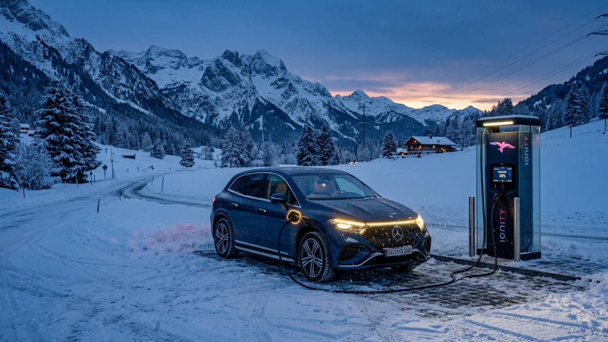 Elektroauto lädt im Winter an einer Ladesäule mit Vorkonditionierung für die Batterie