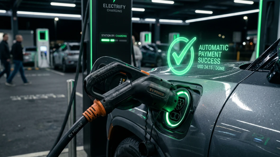 Großer moderner Ladepark bei Nacht mit Ladesäulen verschiedener Anbieter für Elektroautos