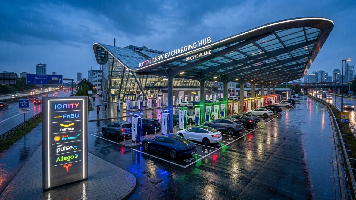 Elektroauto wird per Plug and Charge Technologie geladen mit grünem Bestätigungssymbol