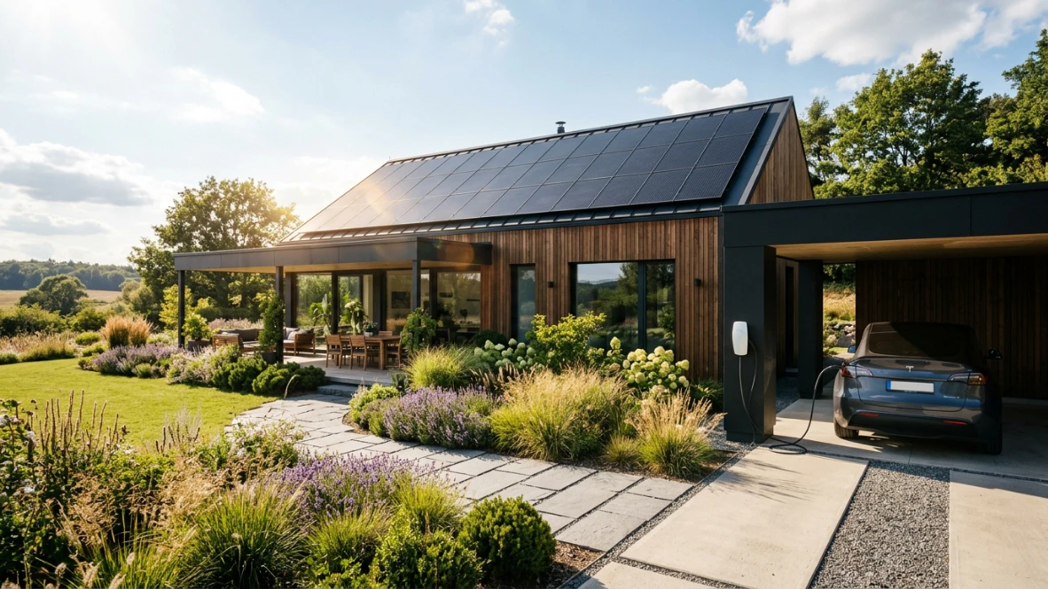 Elektroauto lädt nachhaltig mit Solarstrom über intelligente Wallbox am modernen Einfamilienhaus