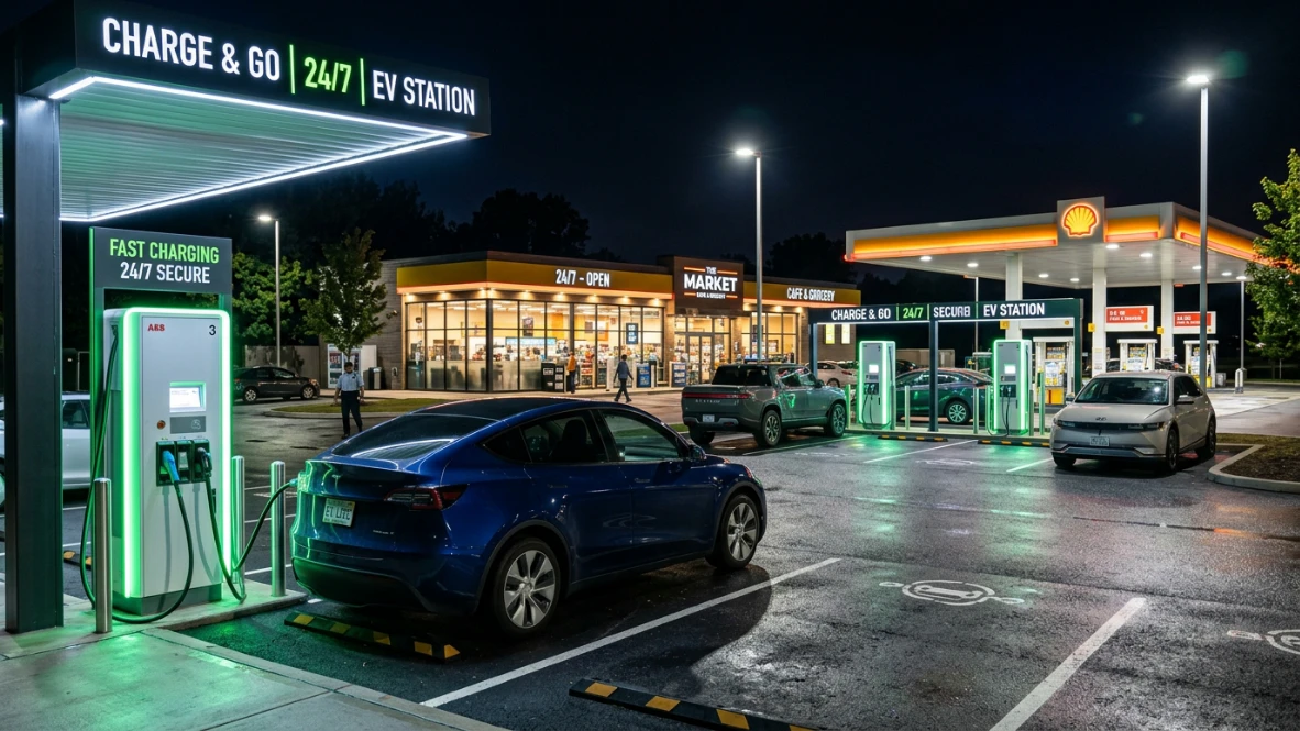 Sicher beleuchtete Ladestation bei Nacht in der Nähe eines Supermarktes