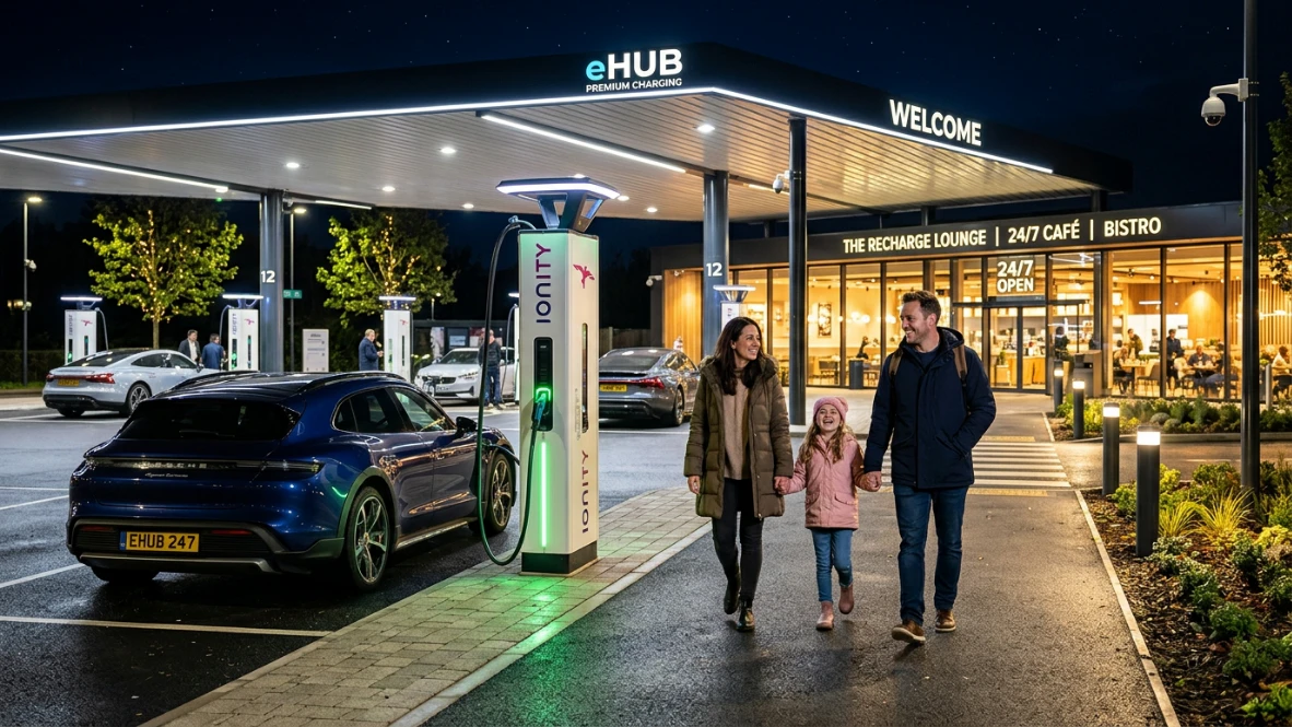 Gut beleuchteter und sicherer Premium-Ladepark für Familien bei Nacht