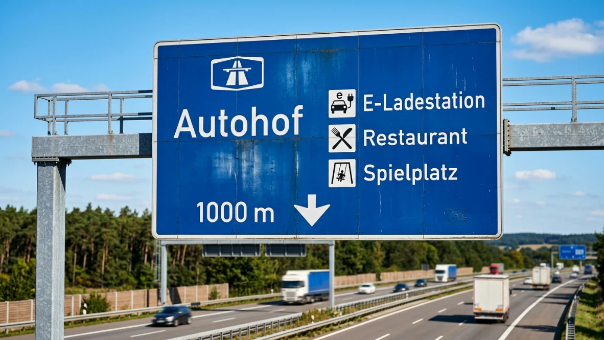Nahaufnahme des blauen Autobahn-Hinweisschildes Autohof mit Symbolen für Ladestation und Gastronomie