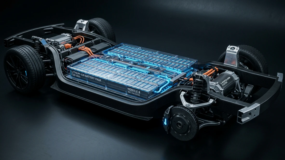 Futuristisches E-Auto Batteriepaket als Symbol für eine lange Akku Lebensdauer