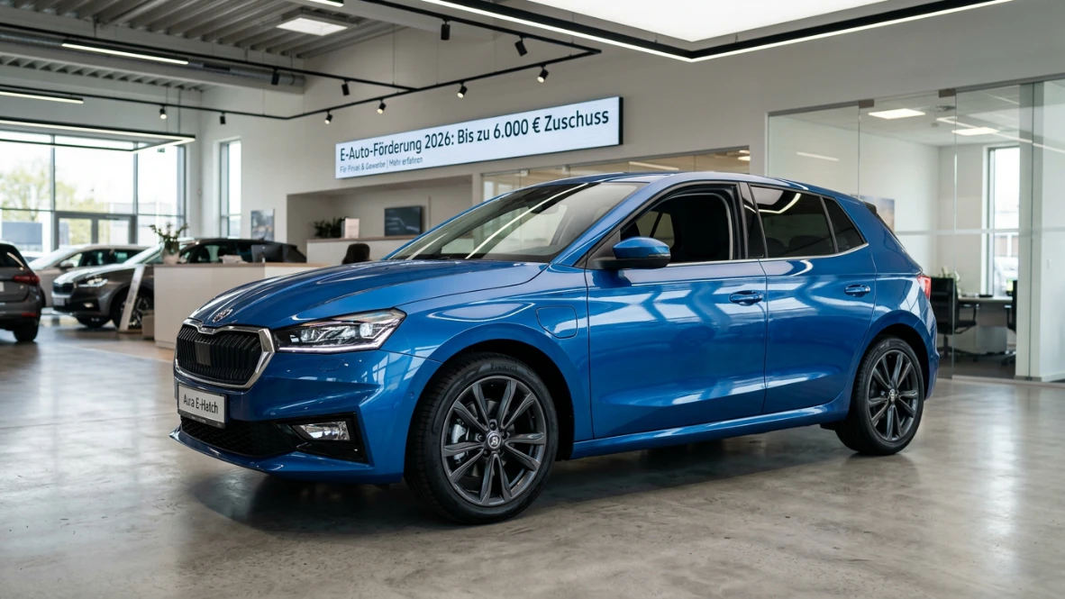 Neues erschwingliches Elektroauto präsentiert in einem Showroom mit dezenter digitaler Anzeige der 6000 Euro Kaufprämie