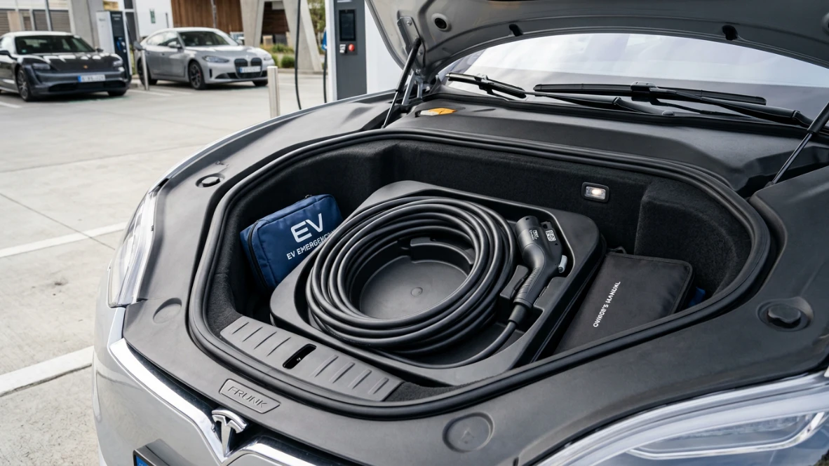 Ein ordentlich aufgerolltes und sauberes Typ-2-Ladekabel aufbewahrt in einer Schutztasche im vorderen Kofferraum eines Elektroautos