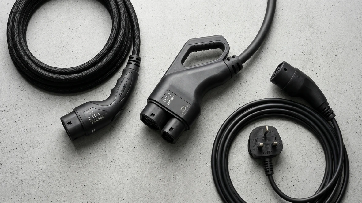 Eine Auswahl hochwertiger Typ-2- und CCS-Ladekabel ordentlich nebeneinander auf einer modernen grauen Betonoberfläche im Fotostudio präsentiert