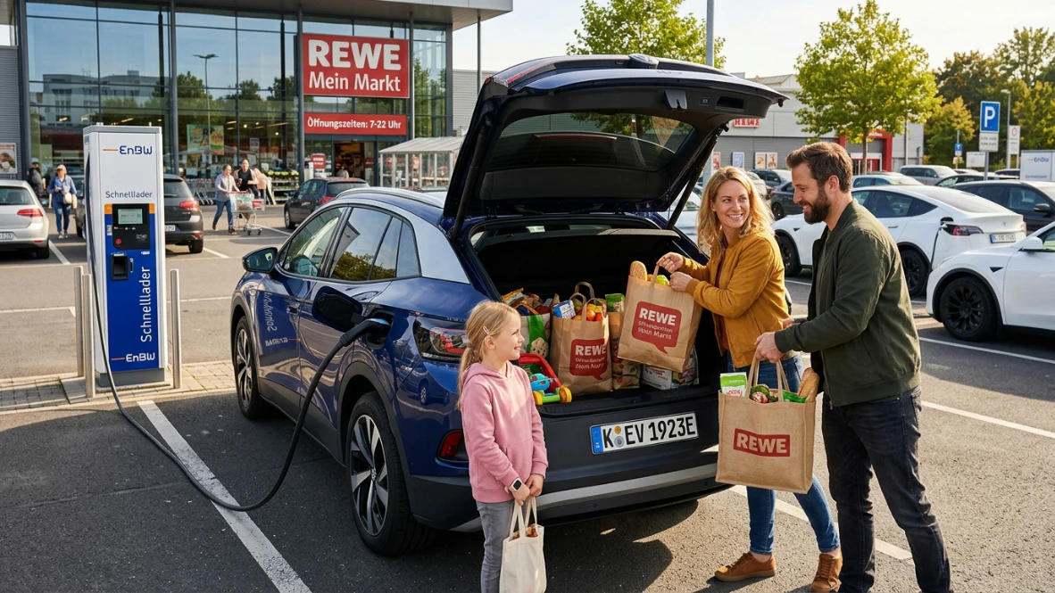 Elektro-SUV lädt an einer Schnellladesäule auf einem Supermarktparkplatz während die Besitzer einkaufen