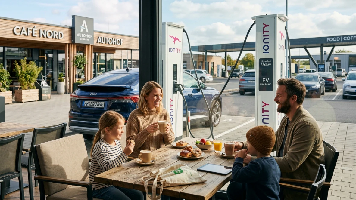 Moderne Familie entspannt sich in einem Café auf einem Autohof während ihr Elektroauto an einem High-Power-Charger lädt