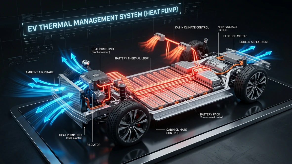 High-Tech 3D-Grafik einer Wärmepumpe im Elektroauto, die den Energiefluss visualisiert