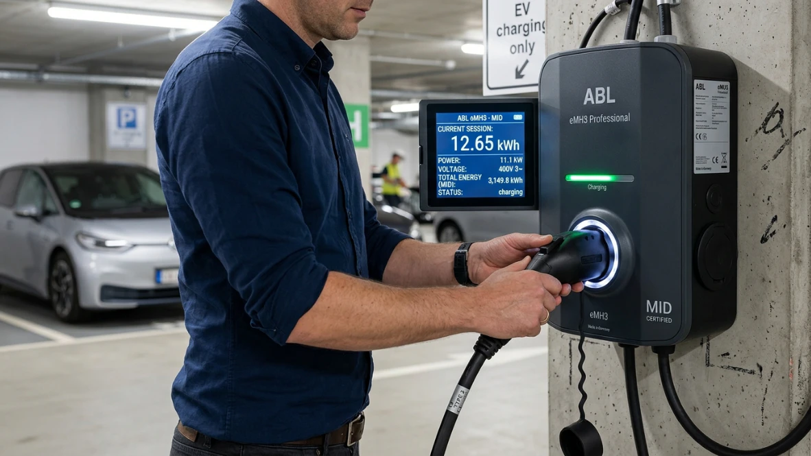Nahaufnahme einer intelligenten Wallbox mit MID-Zertifizierung und freigeschaltetem RFID-Karten-Scanner beim Ladevorgang