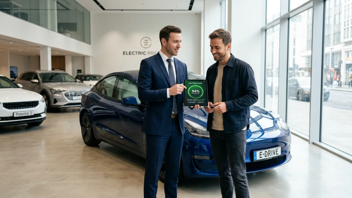 Käufer und Händler begutachten ein gebrauchtes Elektroauto im Autohaus