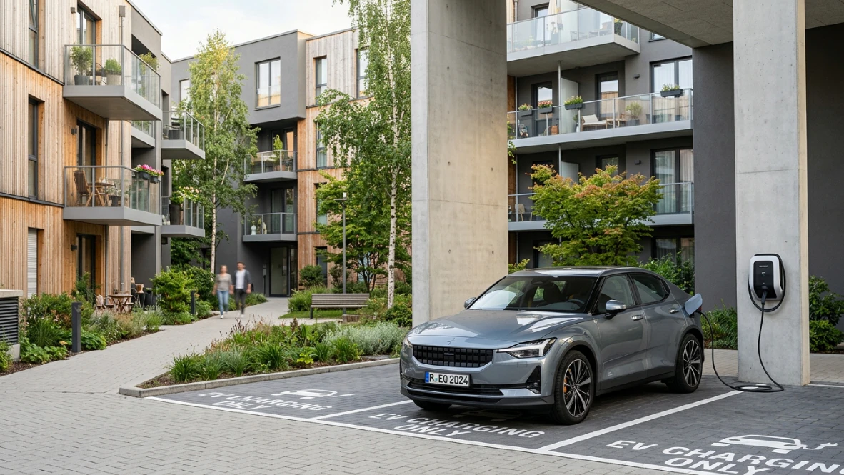 Smarte Wallbox installiert an einem Stellplatz im Innenhof eines modernen Mehrfamilienhauses