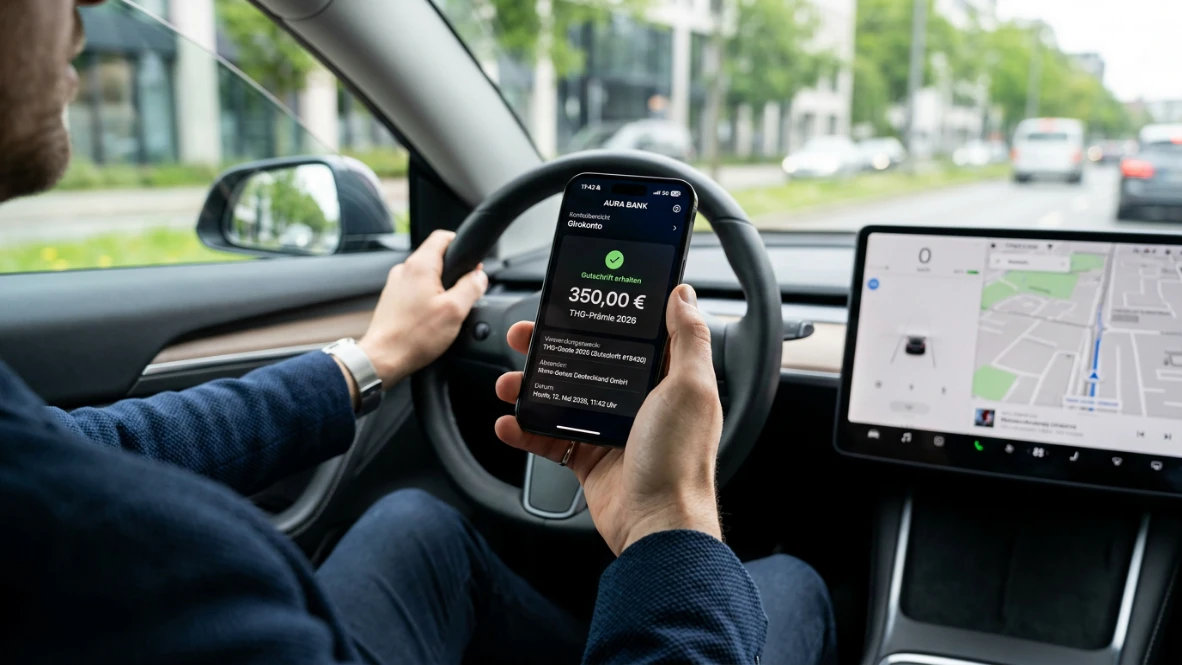 Smarte Online-Banking-App auf dem Smartphone zeigt den Geldeingang der THG-Prämie 2026 im Elektroauto