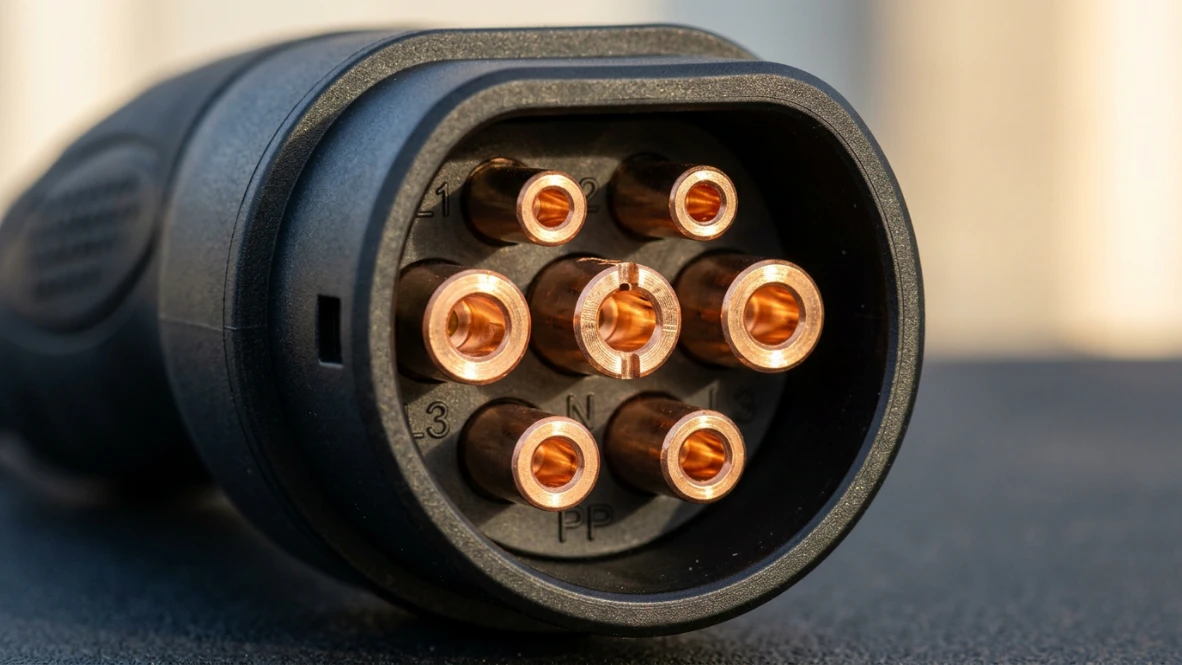 Detaillierte Makroaufnahme der Kupferkontakte und feinen Pins im Inneren eines brandneuen Typ-2-Ladesteckers für Elektrofahrzeuge